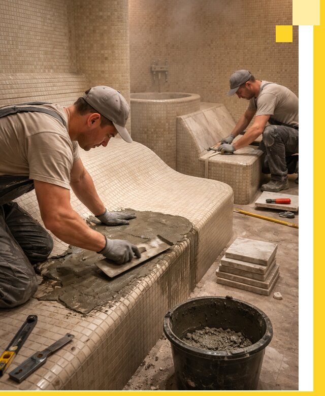 Лежаки для хамама под ключ в Юбилейном, проект и монтаж